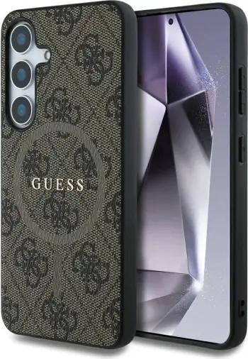 Mbështjellës Guess Leather 4G Colored Ring Classic Logo MagSafe për Samsung Galaxy S25, Kafe