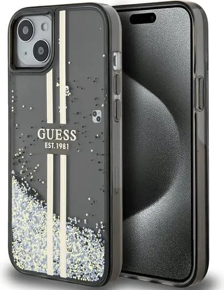 Mbështjellës Guess Liquid Glitter Gold Stripes për iPhone 15 Plus / 14 Plus, e zezë - 1
