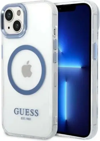Mbulesë telefoni Guess GUHMP14MHTRMB për iPhone 14 Plus 6.7", MagSafe, blu transparente
