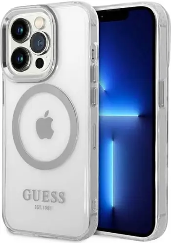 Futrollë telefoni Guess GUHMP14LHTRMS për iPhone 14 Pro 6.1", MagSafe, transparente me detaje argjendi