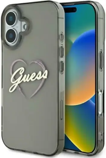 Mbështjellës Guess IML Heart për iPhone 16 Plus, Transparent