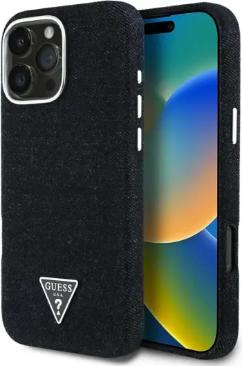 Mbështjellës Guess Denim Triangle Logo MagSafe për iPhone 16, i zi