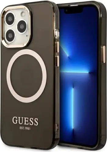 Mbështjellës Guess Gold Outline Translucent MagSafe për iPhone 13, i zi