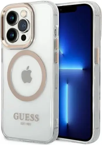 Mbulesë telefoni Guess GUHMP14LHTRMD për iPhone 14 Pro 6.1", Metal Outline, MagSafe, transparente me ari