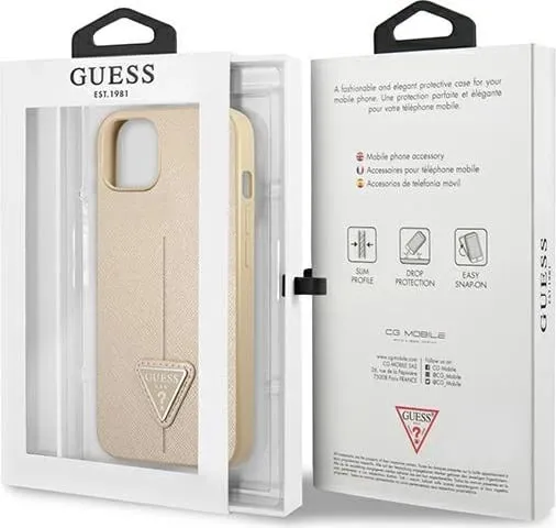 Mbështjellës Guess SaffianoTriangle Logo për iPhone 14 6.1", argjendtë - 2