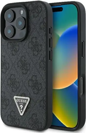 Mbështjellës Guess 4G Triangle Strass për iPhone 16 Pro, i zi