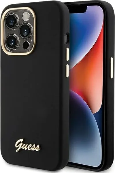 Mbështjellës Guess Silicone Script Metal Logo & Frame për iPhone 15 Pro Max, i zi - 1