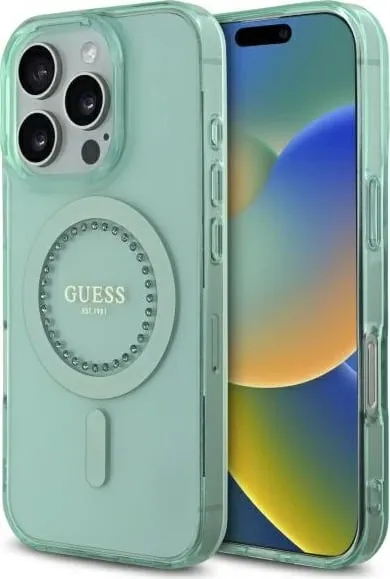 Mbështjellës Guess IML Rhinestones MagSafe për iPhone 16 Pro, Gjelbër - 1