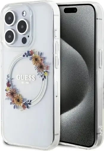 Mbështjellës Guess IML Flowers Wreath MagSafe për iPhone 15/14/13, Transparent