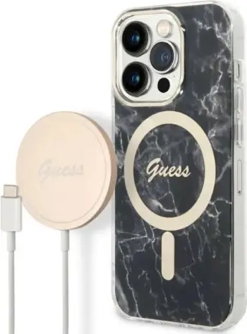 Mbështjellës Guess Marble Collection me MagSafe dhe karikues wireless për iPhone 14 Plus, 6.7", i zi, set
