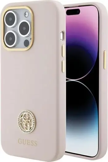 Mbështjellës Guess Silicone Logo Strass 4G për iPhone 15, Rozë e çelët