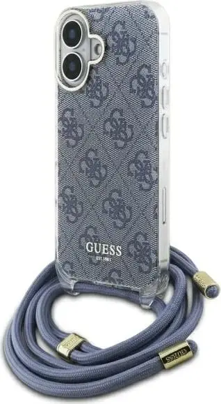 Mbështjellës Guess Crossbody Cord 4G Print për iPhone 16 Pro, Kaltër