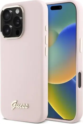 Mbështjellës Guess Silicone Script Metal Logo & Frame për iPhone 16, Rozë