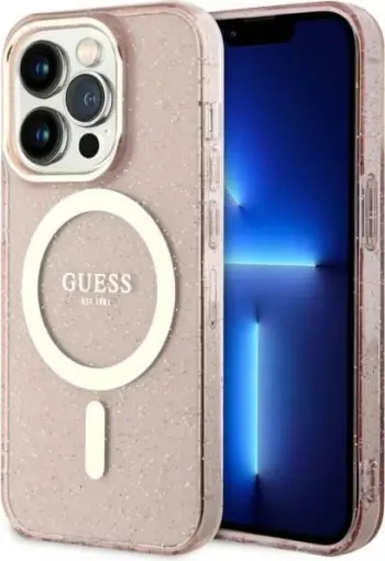 Mbulesë telefoni Guess GUHMP14SHTCMP për iPhone 14, MagSafe, rozë transparente me kornizë ari
