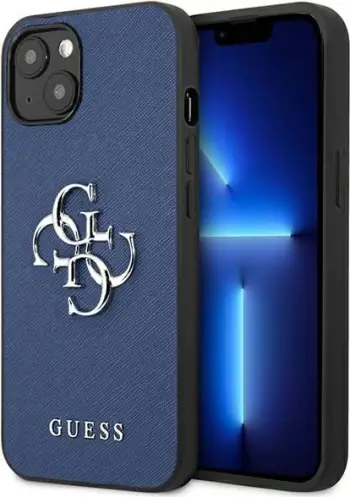 Mbulesë telefoni Guess Saffiano 4G Metal Logo për iPhone 13, hardcase, blu