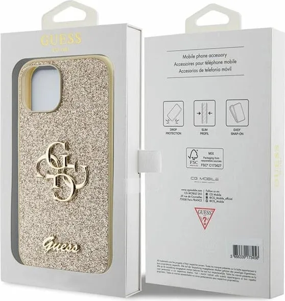 Mbështjellës Guess Glitter Script Big 4G për iPhone 15, Ari - 2