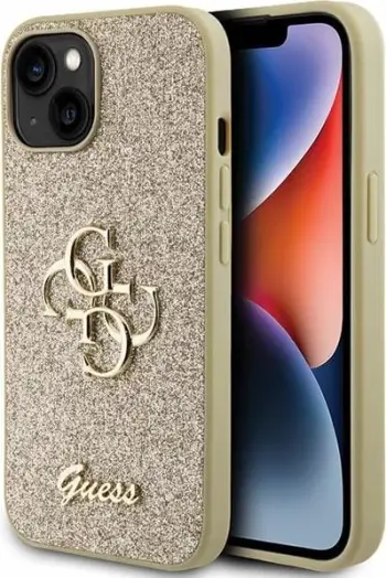 Mbështjellës Guess Glitter Script Big 4G për iPhone 15, Ari