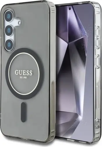 Mbështjellës Guess Glitter Circle Classic Logo MagSafe për Samsung Galaxy S25 Ultra, zi