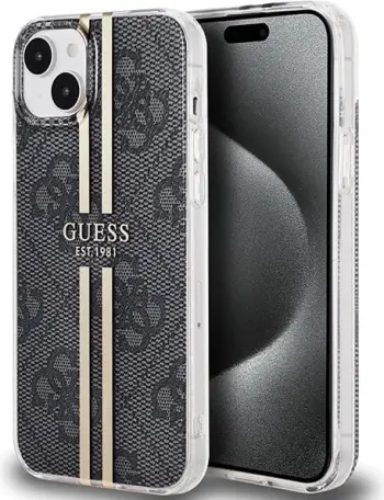 Mbështjellës Guess IML 4G Gold Stripe për iPhone 15 Plus / 14 Plus, i zi