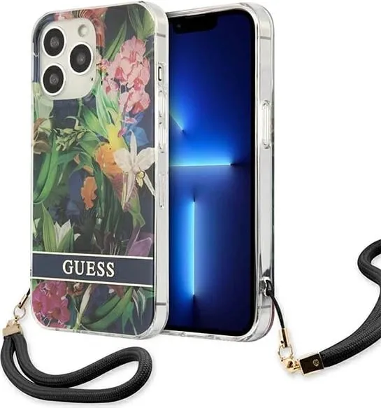 Mbështjellës Guess Flower Strap për iPhone 13 Pro Max 6.7", TPU, Blu me lule - 1