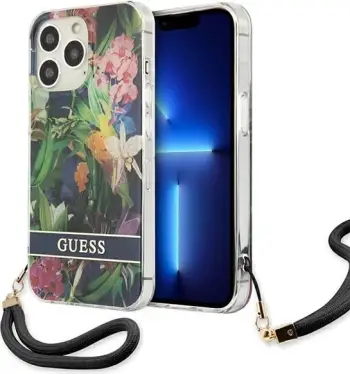 Mbështjellës Guess Flower Strap për iPhone 13 Pro Max 6.7", TPU, Blu me lule