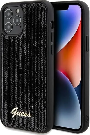 Mbështjellës Guess Sequin Script Metal për iPhone 12/12 Pro, i zi - 1