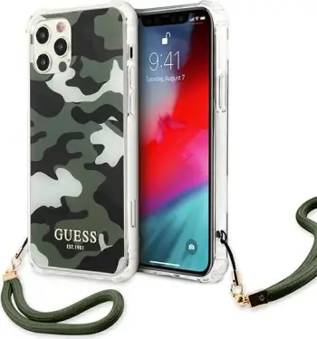 Mbështjellës Guess GUHCP12MKSARKA për iPhone 12/12 Pro, plastikë e fortë, Camo, Jeshile
