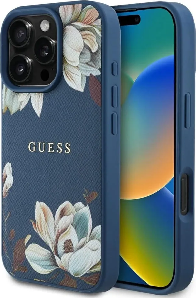Mbështjellës Guess Grained Printed Flower Pattern MagSafe për iPhone 16, Blu - 1