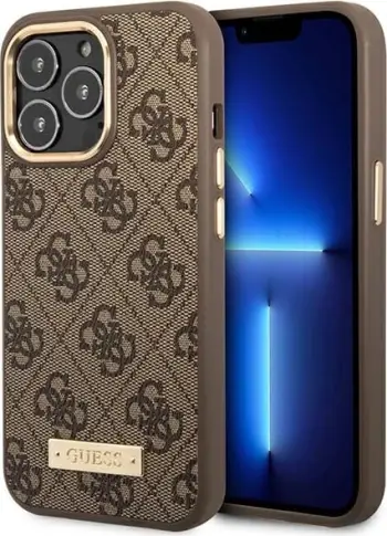 Mbështjellës Guess GUHMP14LU4GPRW për iPhone 14 Pro 6.1", 4G Logo Plate MagSafe, Kafe