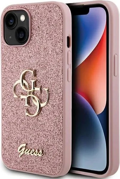 Mbështjellës Guess Glitter Script Big 4G për iPhone 15, Rozë - 1