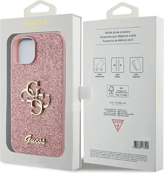 Mbështjellës Guess Glitter Script Big 4G për iPhone 15, Rozë - 3