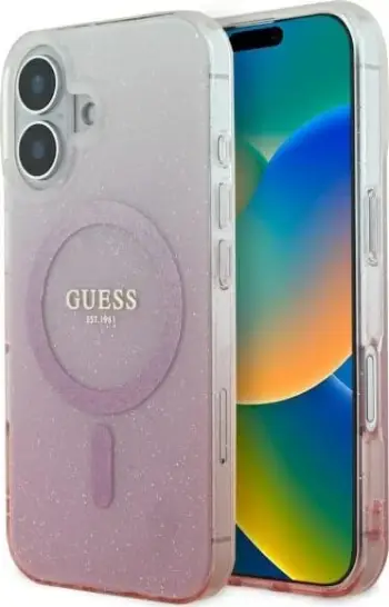Mbështjellës Guess Glitter Gradient MagSafe për iPhone 16 Plus, Rozë