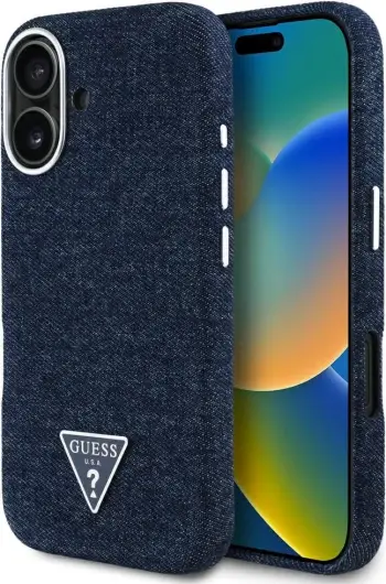 Mbështjellës Guess Denim Triangle Logo MagSafe për iPhone 16 Pro, Kaltër