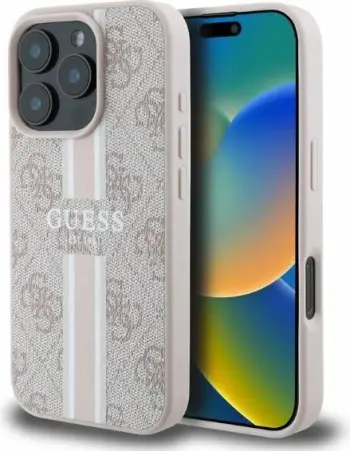 Mbështjellës, Guess, 4G Printed Stripes MagSafe, për iPhone 16 Pro 6.3", TPU/PC/eko-lëkurë, me MagSafe, rozë