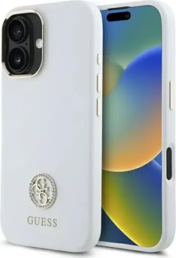 Mbështjellës, Guess, Silicone Logo Strass 4G, për iPhone 16 6.1", hardcase TPU/silikonë me mikrofiber, e bardhë