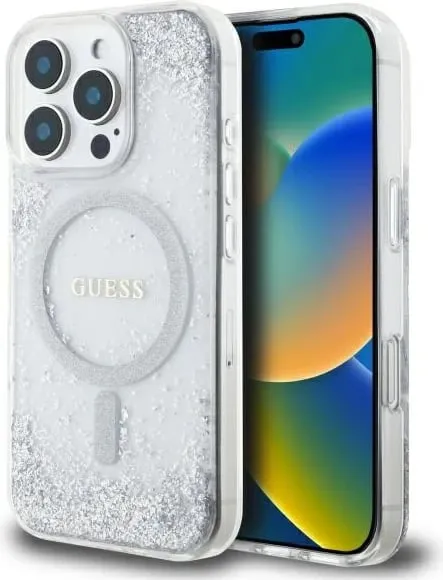 Mbështjellës Guess Resin Gradient Glitter MagSafe për iPhone 16 Pro, argjendtë - 1