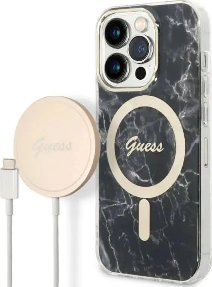 Set mbështjellës Guess Marble me karikues wireless MagSafe për iPhone 14 Pro, zi/ari - 1