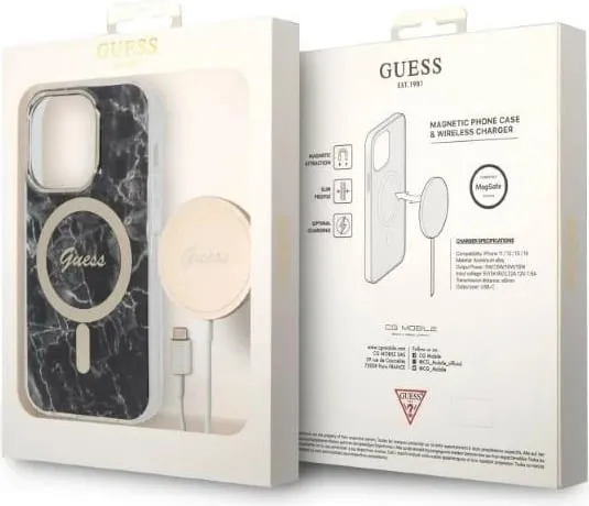 Set mbështjellës Guess Marble me karikues wireless MagSafe për iPhone 14 Pro, zi/ari - 4