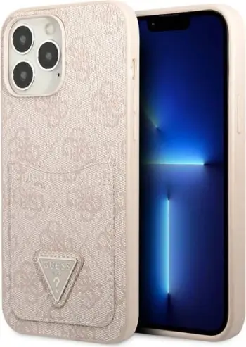 Mbështjellës Guess 4G Triangle Logo Cardslot për iPhone 13 Pro Max, rozë