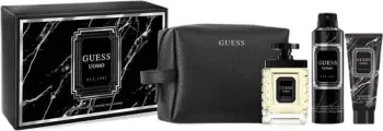 Set për meshkuj Guess Uomo Eau de Toilette 100ml, Deodorant Spray 226ml, Xhel dushi 100ml, çantë tualeti
