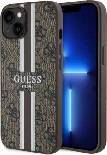 Mbështjellës telefoni Guess GUHMP14MP4RPSW për iPhone 14 Plus, 4G Printed Stripes, MagSafe, kafe