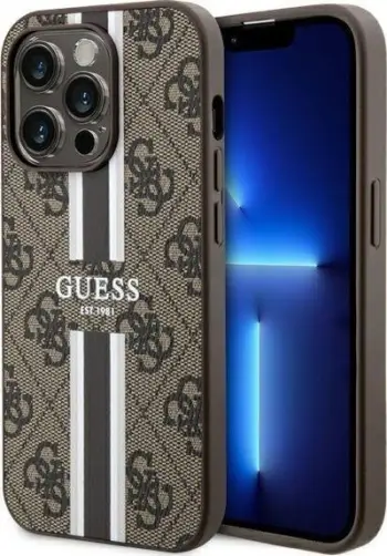 Mbështjellës Guess GUHMP14XP4RPSW për iPhone 14 Pro Max 6.7", 4G Printed Stripes MagSafe, kafe
