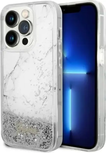 Mbështjellës Guess Liquid Glitter Marble për iPhone 14 Pro 6.1", i bardhë