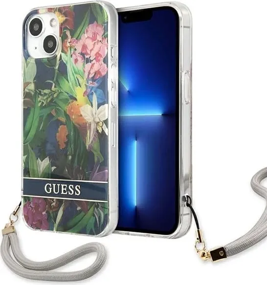Mbështjellës Guess GUHCP13SHFLSB për iPhone 13 mini 5.4", Flower Strap, Blu - 1
