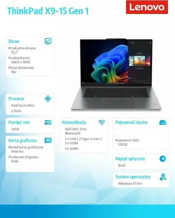 Laptop Lenovo ThinkPad X9-15 Gen 1 Copilot+ PC, 15.3", Intel Core Ultra 5 228V, 32GB LPDDR5x-SDRAM, 512GB SSD, Intel Arc Graphics 130V, i hirtë