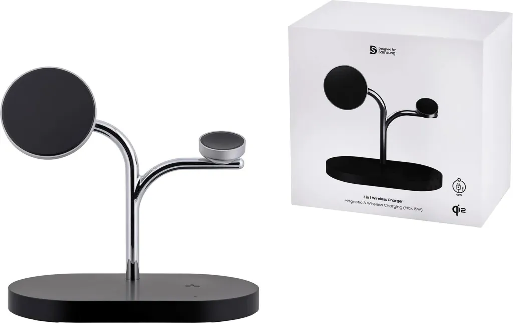 Karikues wireless Samsung GP-PWU024WIABW, për smartwatch, celular, kufje, 15W, USB Type-C, zi/argjendtë - 1