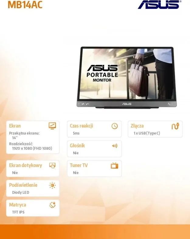 Monitor ASUS ZenScreen MB14AC, 14" LED, Full HD, i hirtë - 1