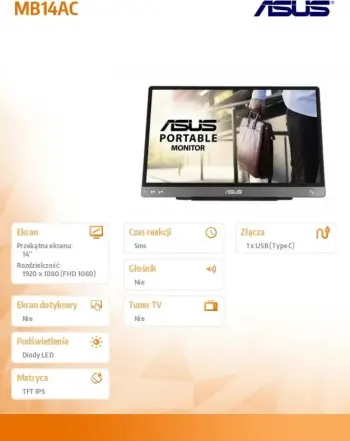 Monitor ASUS ZenScreen MB14AC, 14" LED, Full HD, i hirtë