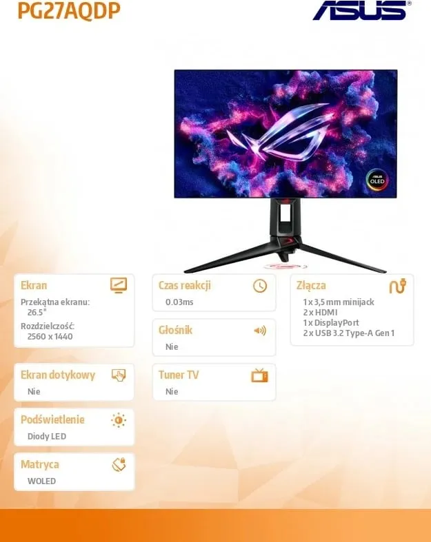 Monitor ASUS ROG Swift OLED PG27AQDP, 27", Quad HD, 480Hz, i zi - 1
