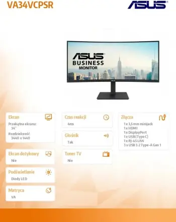 Monitor ASUS VA34VCPSR (90LM08JJ-B02170) 34" WQHD 3440x1440 i lakuar 1500R USB-C PD 96W RJ45 USB hub pa kornizë ergonomik, i zi